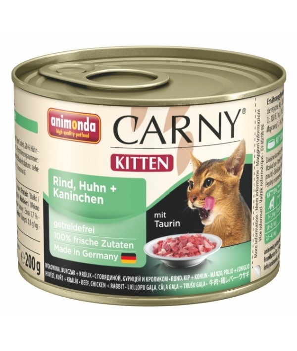 Animonda Carny Kitten - karma mokra dla kociąt z wołowiną, kurczakiem i królikiem 200 g